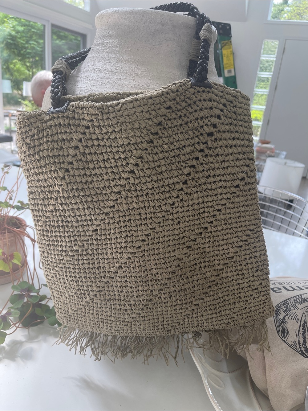 Woven Straw Tote Bag with Braided Handles - Beige